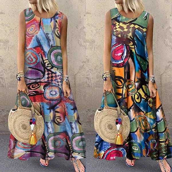 

women bohemian sleeveless floral printed sundress summer dress robe vintage kaftan beach vestido femme sarafans plus size, Black