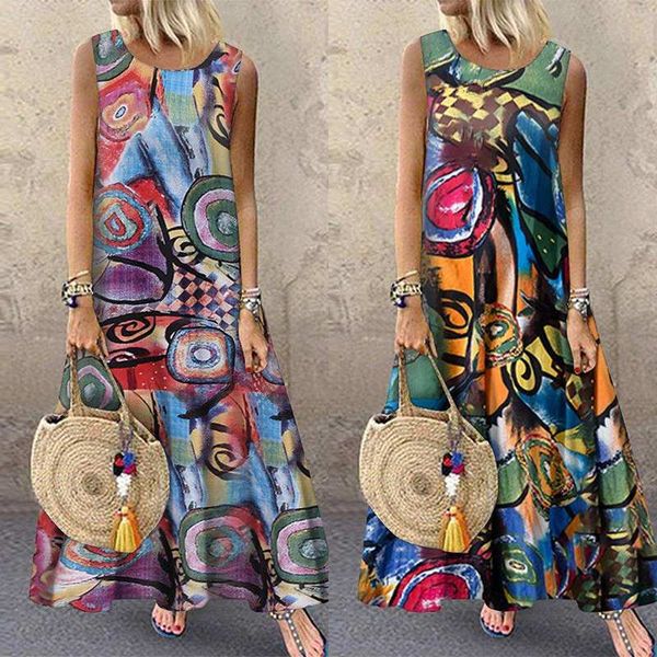 

Women Bohemian Sleeveless Floral Printed Sundress Summer Dress Robe Vintage Kaftan Beach Vestido Femme Sarafans Plus Size