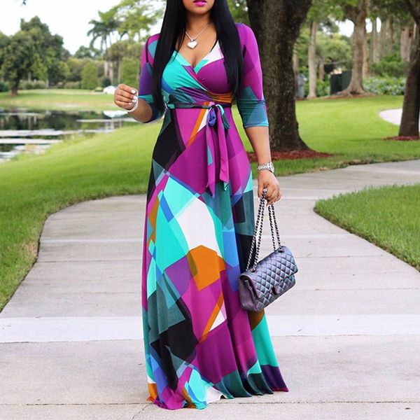

oversize color block print maxi dress women lace up fashion v neck ladies plus size holiday robe autumn casual long dresses, Black;gray
