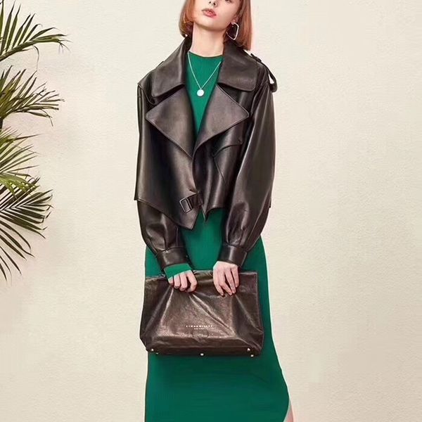 

woman coats natural sheepskin leather fashion female jackets long sleeves real leather sheepskin short overcoat special sale, Black