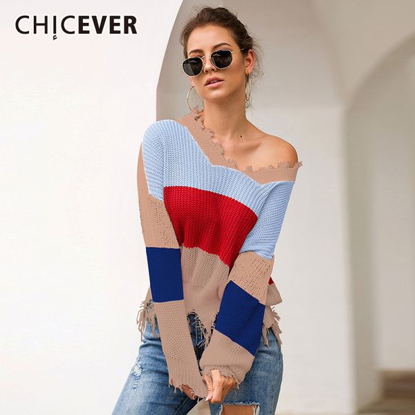 

chicever striped hit color irregular sweater jumper for women v neck batwing sleeve autumn off shoulder sweaters clothes fashion, White;black