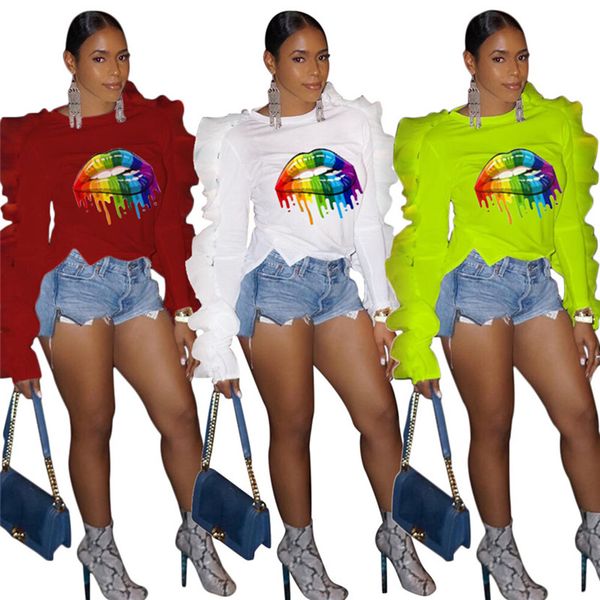 

women solid color pullover mesh ruffle hoodies crew neck mouth print shirts fall winter clothing fashion long sleeve new 2043, White