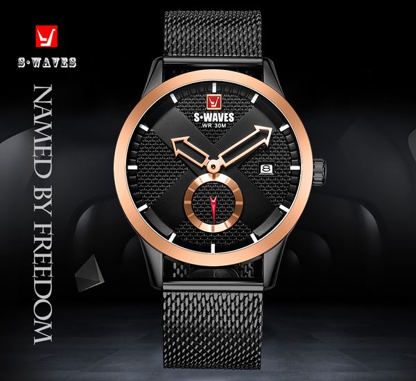 

swaves sports mens watches stainless steel waterproof clock men's wristwatches new unique quartz relojes para hombre rose black, Slivery;brown