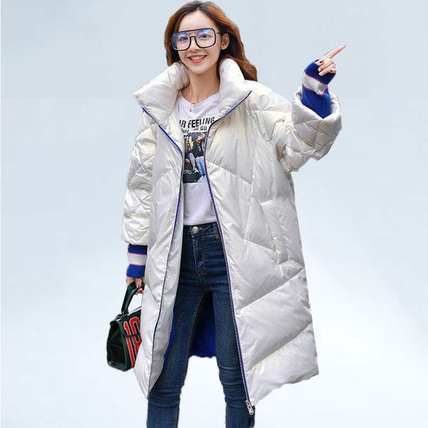 

glossy overcoat long down jacket women casual loose winter down coat womens thick warm parkas white duck coats streetwear, Black