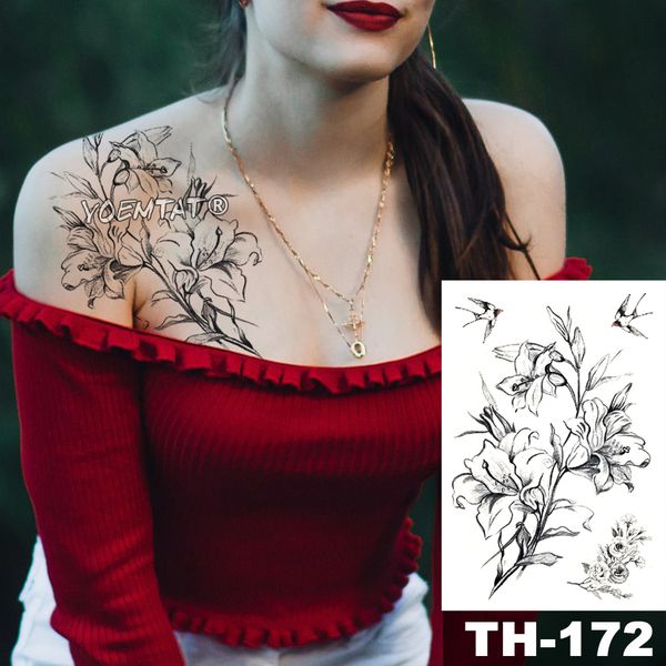 Waterproof Temporary Tattoo Sticker Sketch Lily Flower Pattern Tatoo Water Transfer Swallow Body Art Fake Arm Tattoo For Women Large Temporary Tattoos