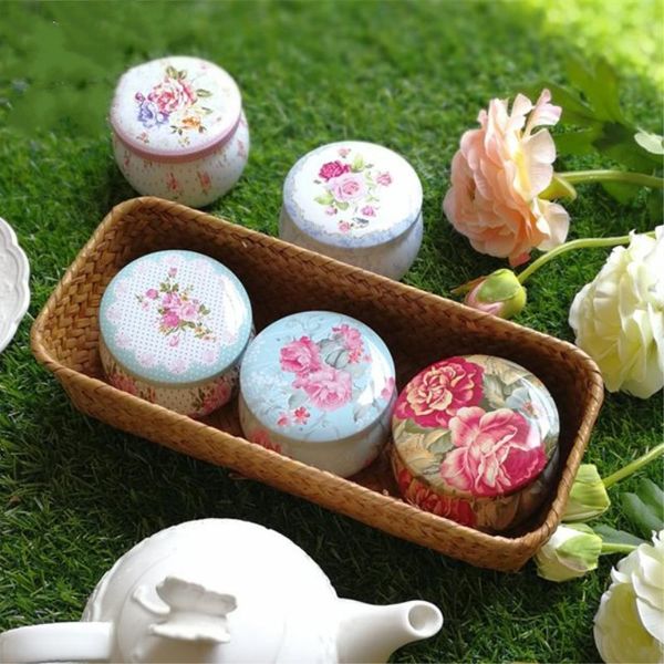 Scatole di latta per tè a fiori a forma di tamburo portatili Bomboniere per decorazioni per feste Lattine per contenitori per tè Confezione regalo Contenitore per caramelle per matrimoni