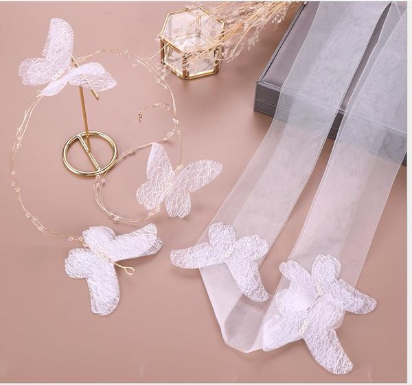 

korean butterfly crepe flower head headdress bride wedding jewelry hair band set, Silver