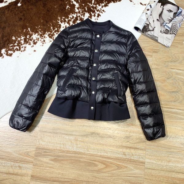 

2019 new ladies fashion long sleeve solid color breasted button down round neck down jacket 1206, Black