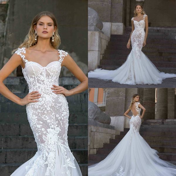 

berta white mermaid wedding dresses lace appliques sheer back tulle sweep train bridal gowns custom made 2020 robe de mairee