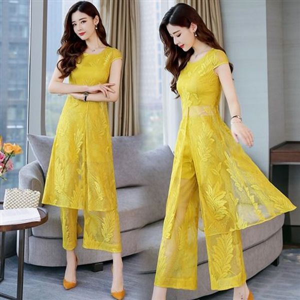 

2020 new summer fashion women long lace blouse + hollow out pant 2 piece set female two piece suit tracksuit z226, White