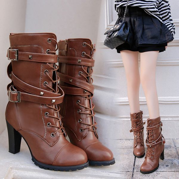 

winter women's boots, side zipper rivet thick heel medium boot high heel lace-up casual boots size 35-43 women's shoes, Black