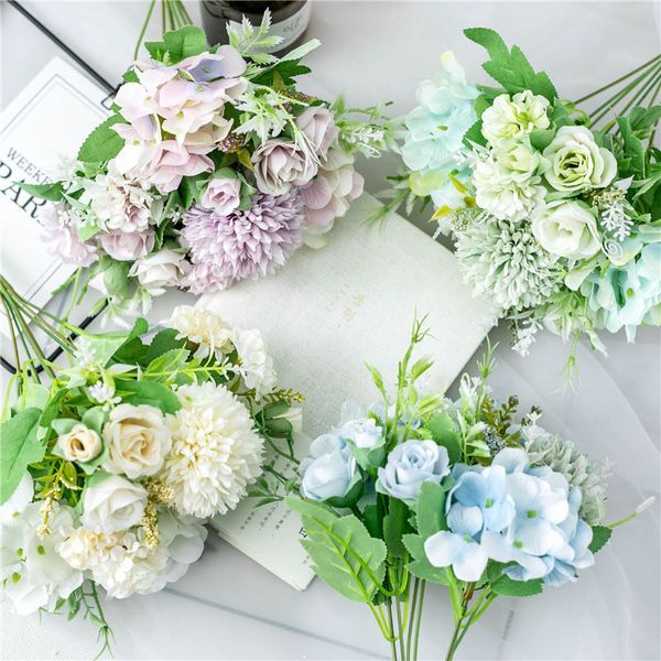 Bouquet di fiori di peonia di seta ortensia finta rosa blu verde peonie artificiali matrimonio fidanzamento decorazioni per la casa oggetti di scena