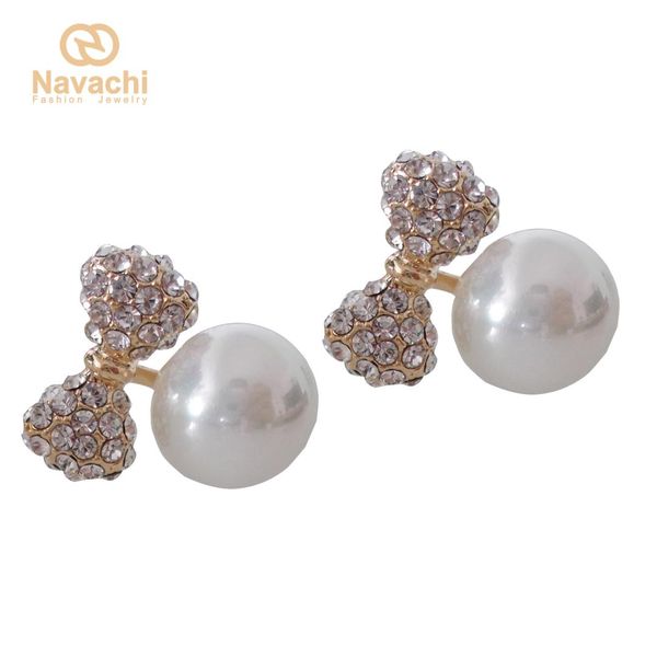 

navachi pearl bow crystal ear stud earrings smt1031, Golden;silver
