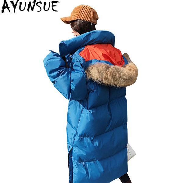 

ayunsue women's down jacket long korean winter coat women oversized thick duck down clothes raccoon fur collar 2019 850 kj2552, Black