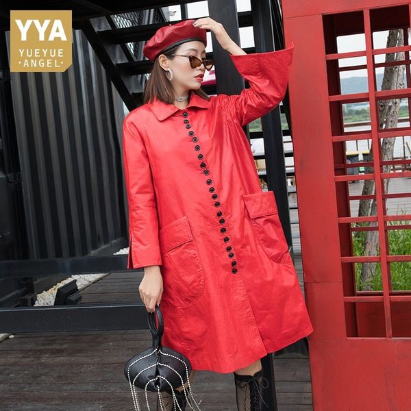 

luxury sheepskin autumn new medium length trench coats nine point flare sleeve pockets loose genuine leather female long jackets, Black