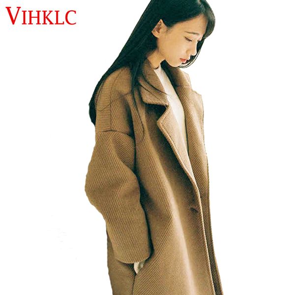 

vihklc woolen women jackets 2017 new spring autumn wool coat fashion loose leisure lapel woolen jacket plus size s-xlb20, Black