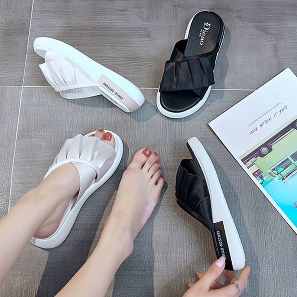 

med slippers women summer shoes slides pantofle platform fashion soft 2020 flat fabric rome scandals floral casual pu, Black
