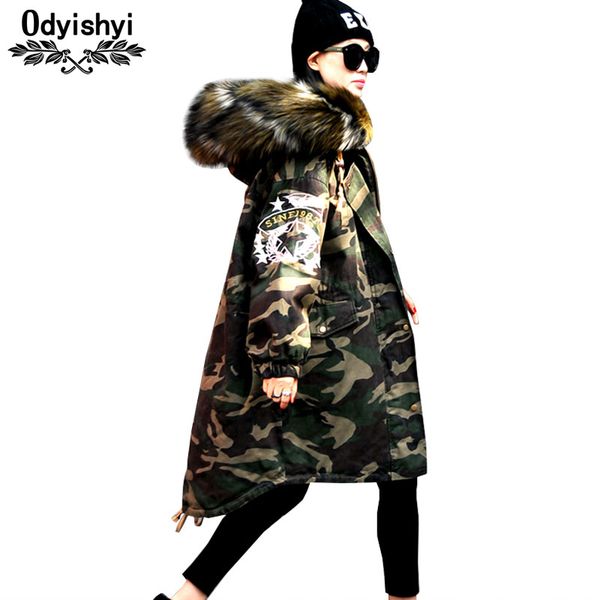 

2018 winter long cotton coat women camouflage fashion big fur collar down jacket tooling thicken padded jacket hooded parka h181, Black