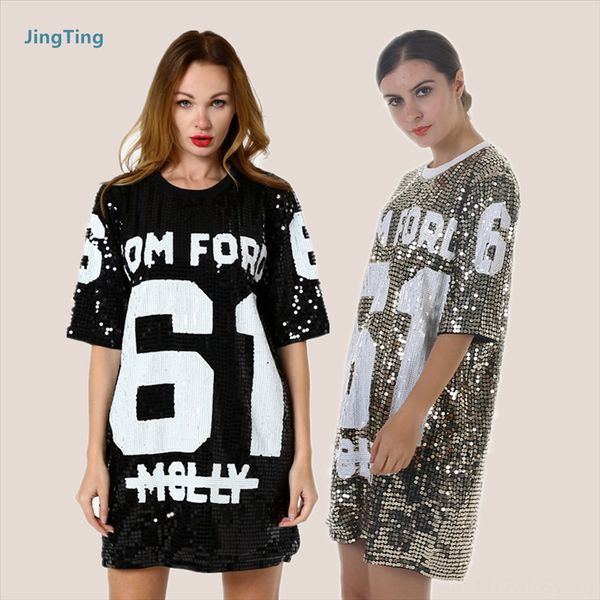 

ms4024# xia feng 61 digital sequins short-sleeved t-shirt digital short skirt skirt loose base shirt large size medium-length top, White