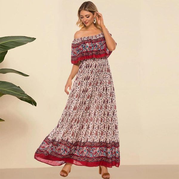 

siskakia slash neck short sleeve ruffles maxi long dress paisley ethnic print bohemia holiday beach dresses elegant summer, Black;gray