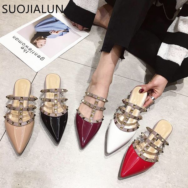 

suojialun women flat slippers slip on mules brand designers 2019 fashion luxury rivet t-strap slides slip on loafers mules, Black