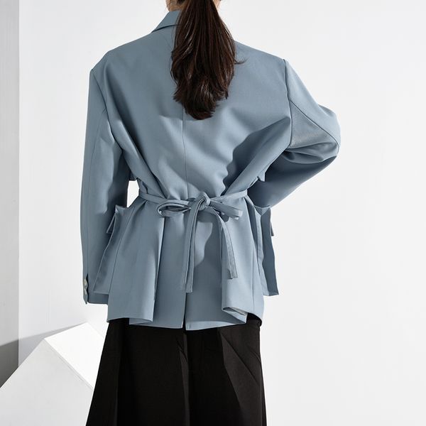 

eam] women blue pockets split big size ribbon trench new lapel long sleeve loose fit windbreaker fashion spring 2020 1h26405, Tan;black