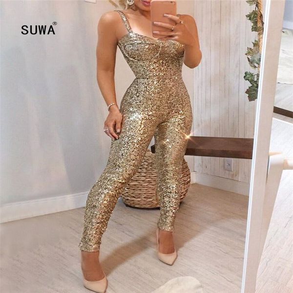 

высококачественные моды блестящие пайетки один кусок карандаша длинные брюки женщин без рукавов высокой талии bodycon комбинезона сексуальны, Black;white