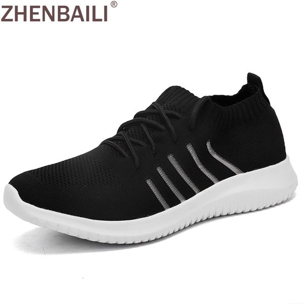 

zhenbaili plus size 39-48 men trainers summer breathable hollow out knit sock sneakers 2019 lightweight soft flat walking shoes, Black