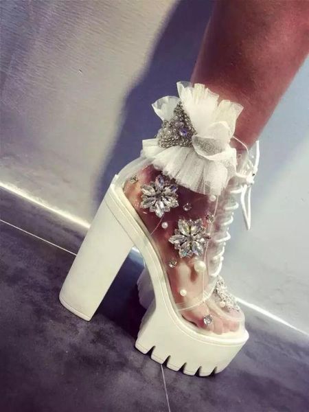 

transparent pvc women lace patchwork ankle boots super high platform ladies crystal chunky heel lace up boots, Black