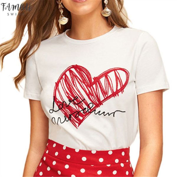 

summer casual short sleeve letter women printed women tshirt cute red heart ladies simple round neck graphic print t shirts, White