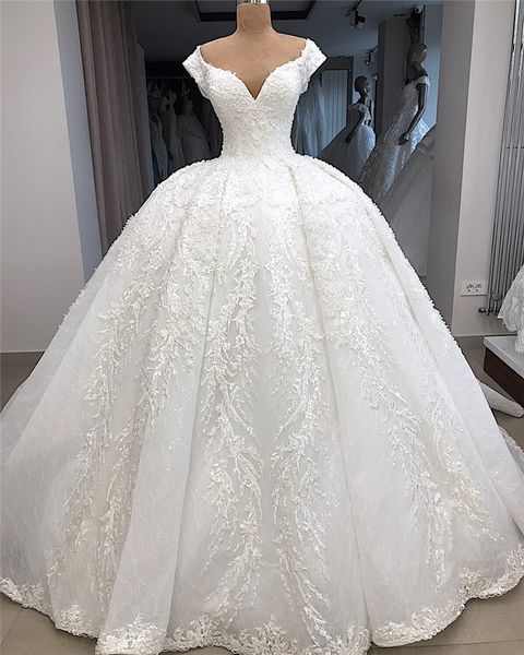 

vestido de noiva off the shoulder lace ball gown wedding dresses luxury beaded sequins cathedral train bridal wedding gowns robe de mariee, White