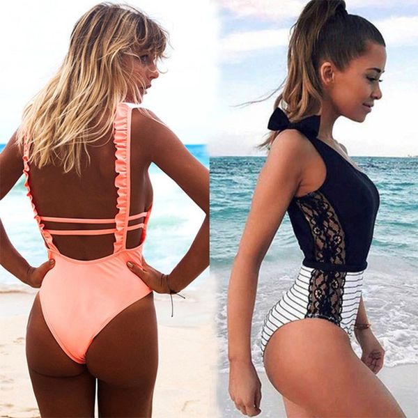 

tcbsg 2019 new one piece swimsuit hollow out brazilian swimwear women monokini print bodysuit bandage bathing suits beach wear, White;black