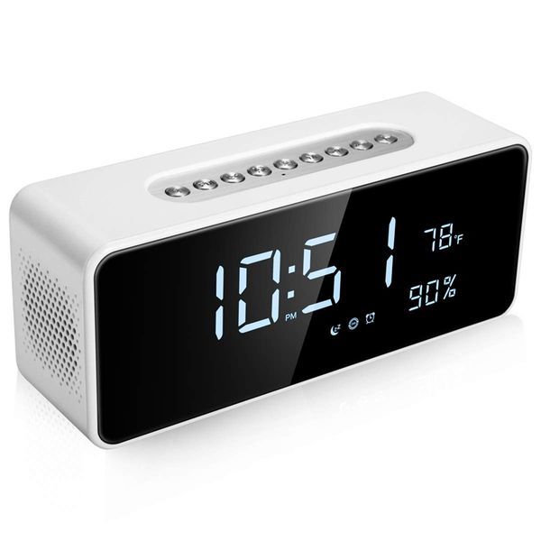 

fm radio alarm clock with 8 inch dimmable large led, usb charger port, rechargeable battery backup, sleep timer, adjustable vo
