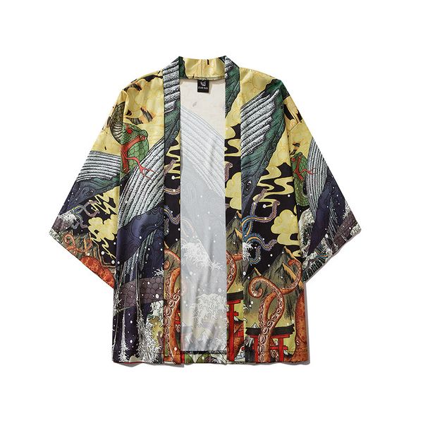 

Januarysnow Japanese Kimono Jacket Fighting Snake Whale Harajuku 2020 Hip Hop Men Japan Streetwear Jacket Summer Thin Clothing Loose Kimono