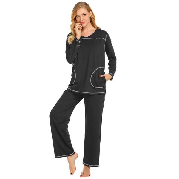 

women casual solid long sleeve long pants pajama sets sleepwear height 175cm bust 90cm waist 60cm hip 90cm nightwear, Blue;gray