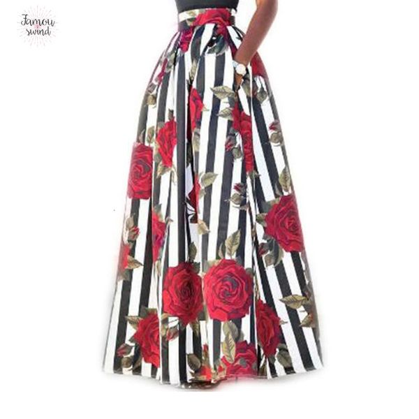 

skirts 2019 womens jupe longue femme summer high waisted long skirt vintage floral striped maxi skirt big swing plus size, Black