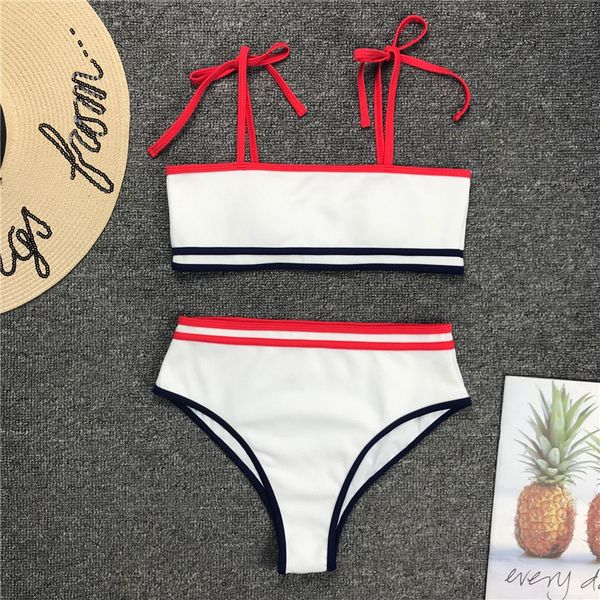 

two piece stripe bikini swimsuit white split joint high waist swimwear summer beach wear bathing suit women clothes drop ship 190651, White;black