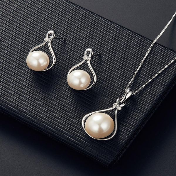 

fashion water drop shape faux pearl pendant earrings necklace wedding bridal jewelry set gift, Silver