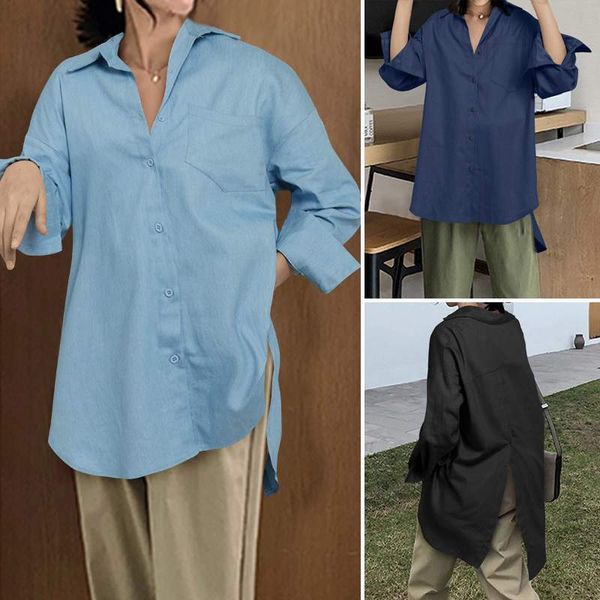 

womens shirts celmia fashion denim solid blouse lapel casual solid long sleeve buttons asymmetric loose oversized blusas, White