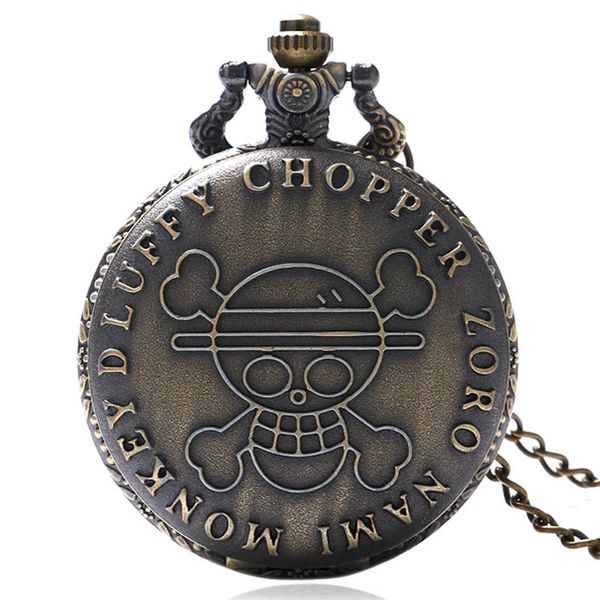 Vintage Steampunk One Piece Taschenuhr Bronze Quarz Analoguhr Piratenschädel Uhren mit Halskette Kette Geschenk