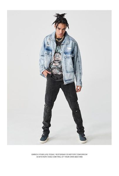 

chinism2020 весна американский винтаж джинсовая куртка для мужчин популярный логотип светлый цвет рваный карман тонкий пиджак, Black;brown