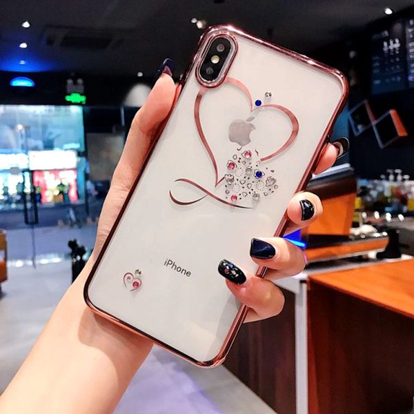

fashion love heart diamond plating soft phone case for iphone 11 pro x xr xs max silicone cover for iphone 7 8 6s plus 5 se 5s