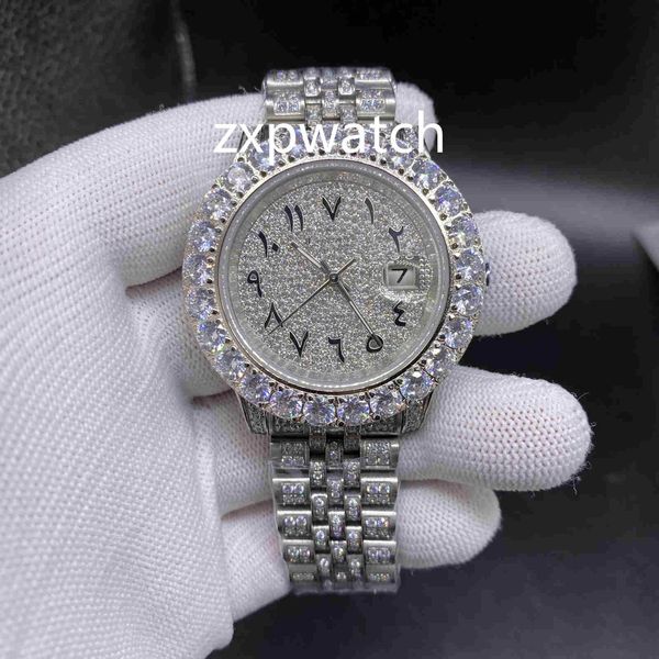 

arabic dial watch diamond watch luxury iced out hip hop watch automatic 43mm men silver waterproof 316l stainless set cz diamond, Slivery;brown