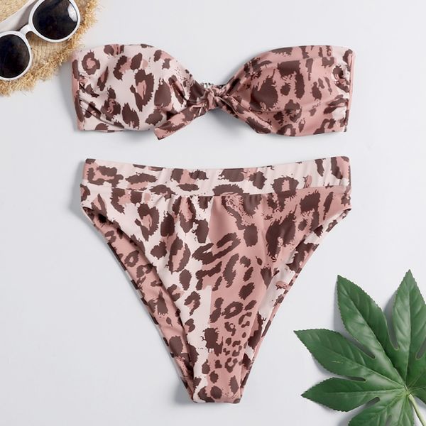 

leopard print twist bandeau bikini set bathing suit swimsuit strapless high leg thong bikini push up women swimwear #d