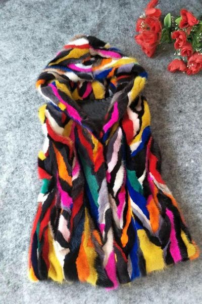 

women's fur & faux genuine real natural multi-color vest with hood women colorfull gilet jacket winter waistcoats custom big size, Black