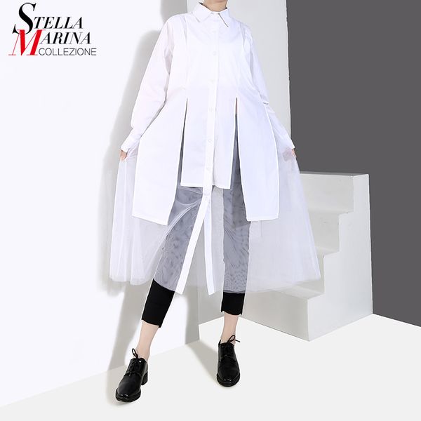 

New 2019 Women Solid Black White Shirt Dress Long Sleeve Long Sleeve Knee Length With Mesh Stitched Female Casual Dresses 4845