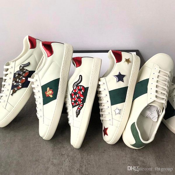 

2019 genuine leather flats designer sneakers men women classic casual shoes python tiger bee flower embroidered cock love sneakers, Black