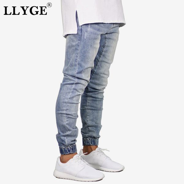 

hip hop stretch denim jeans long pants men ripped slim fit black trousers 2019 fashion skinny streetwear joggers male clothes, Blue