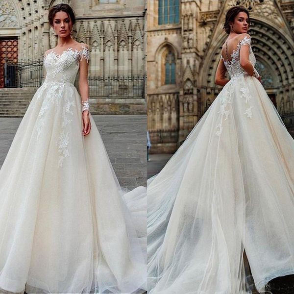 

Modest Lace Wedding Dresses Sheer Neck Long Sleeves Chapel Train Bridal Dress Elegant Wedding Gowns Custom Made