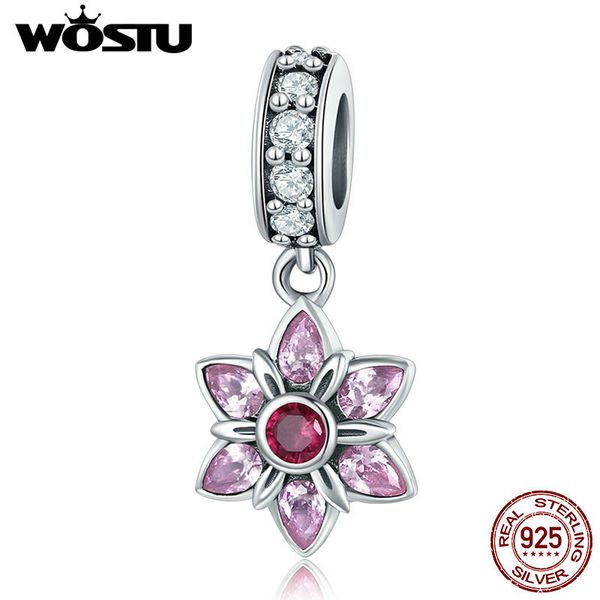 

wostu горячие 925 стерлингового серебра блестящий розовый цветок блеск циркона камень мотаться подвески бусины для браслета подвеска ювелирн, Bronze;silver